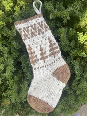 beige and brown rustic crochet christmas stocking